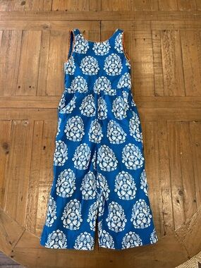 Mini Boden blue pineapple bird romper 5-6 years cross back Pom Poms